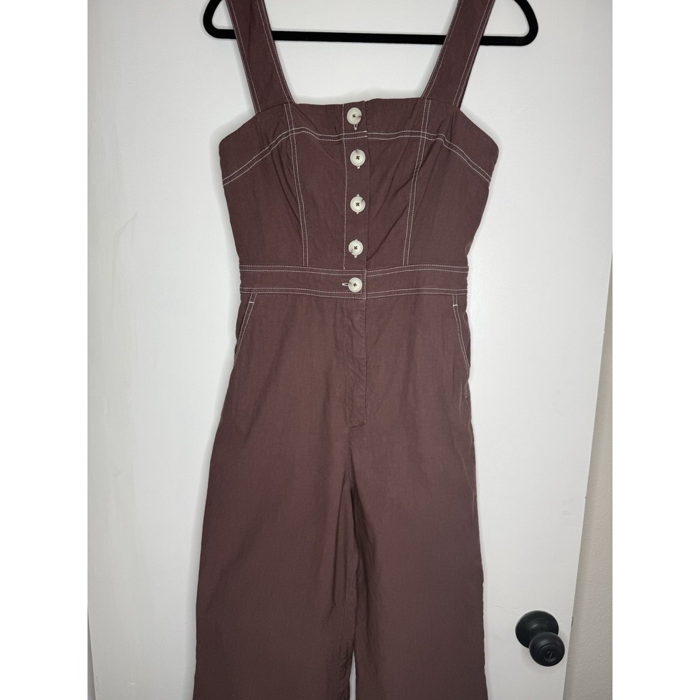 Maeve Anthropologie The Colette Brown Wide Leg Button Front Jumpsuit Size 8